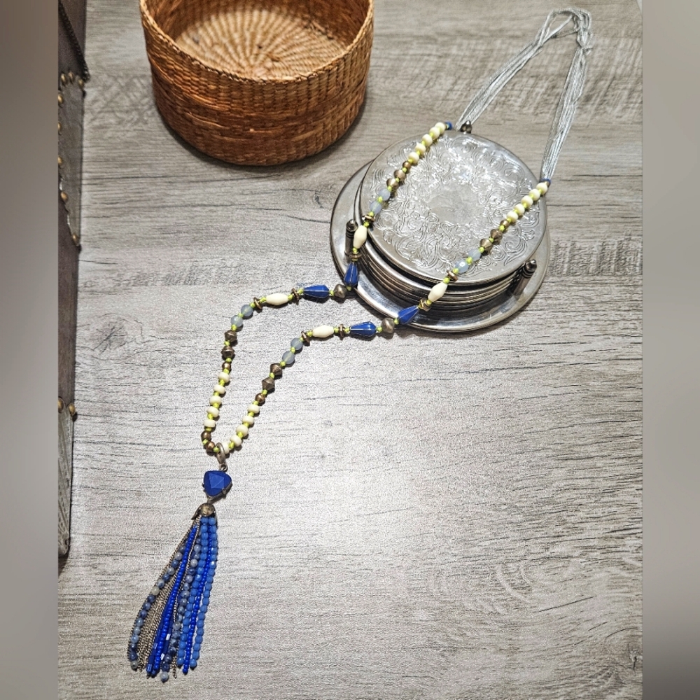 Stella & Dot Azure Blue Tassel Necklace - beaded